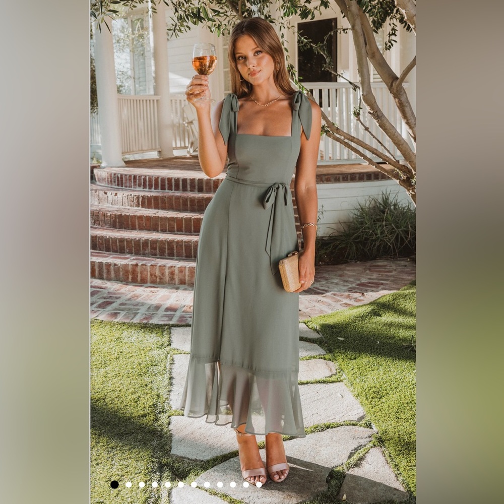 Show Me Your Mumu Claire Midi Bridesmaids Dress in Deep Sage Chiffon